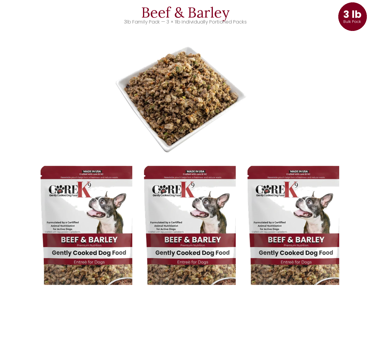 Plato principal de carne de res y cebada para perros