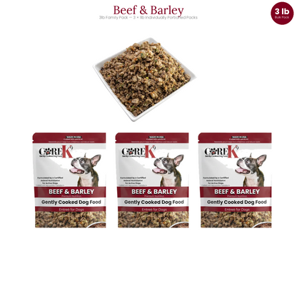 Plato principal de carne de res y cebada para perros