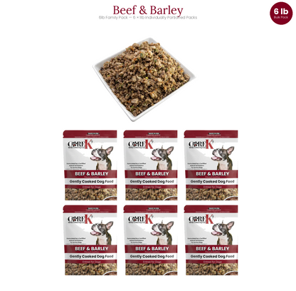 Plato principal de carne de res y cebada para perros