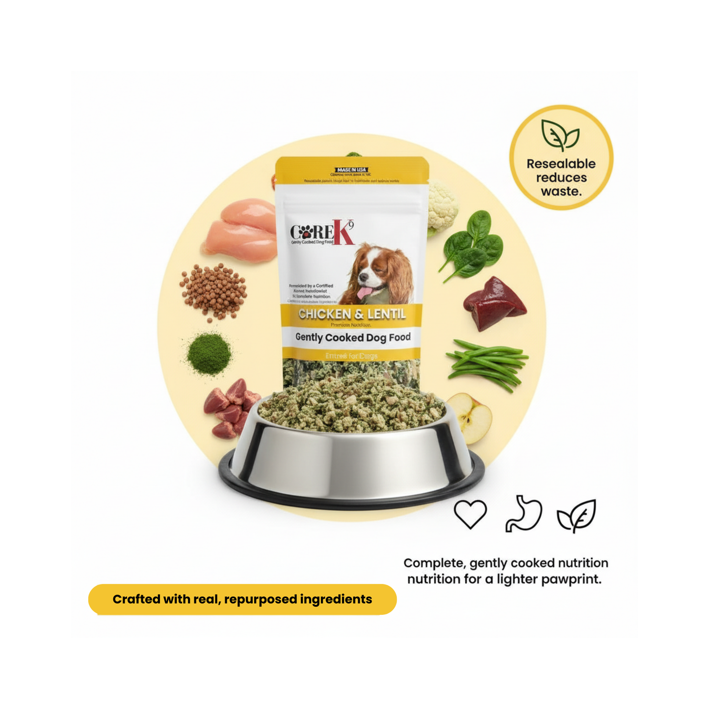 Plato principal de pollo y lentejas para perros