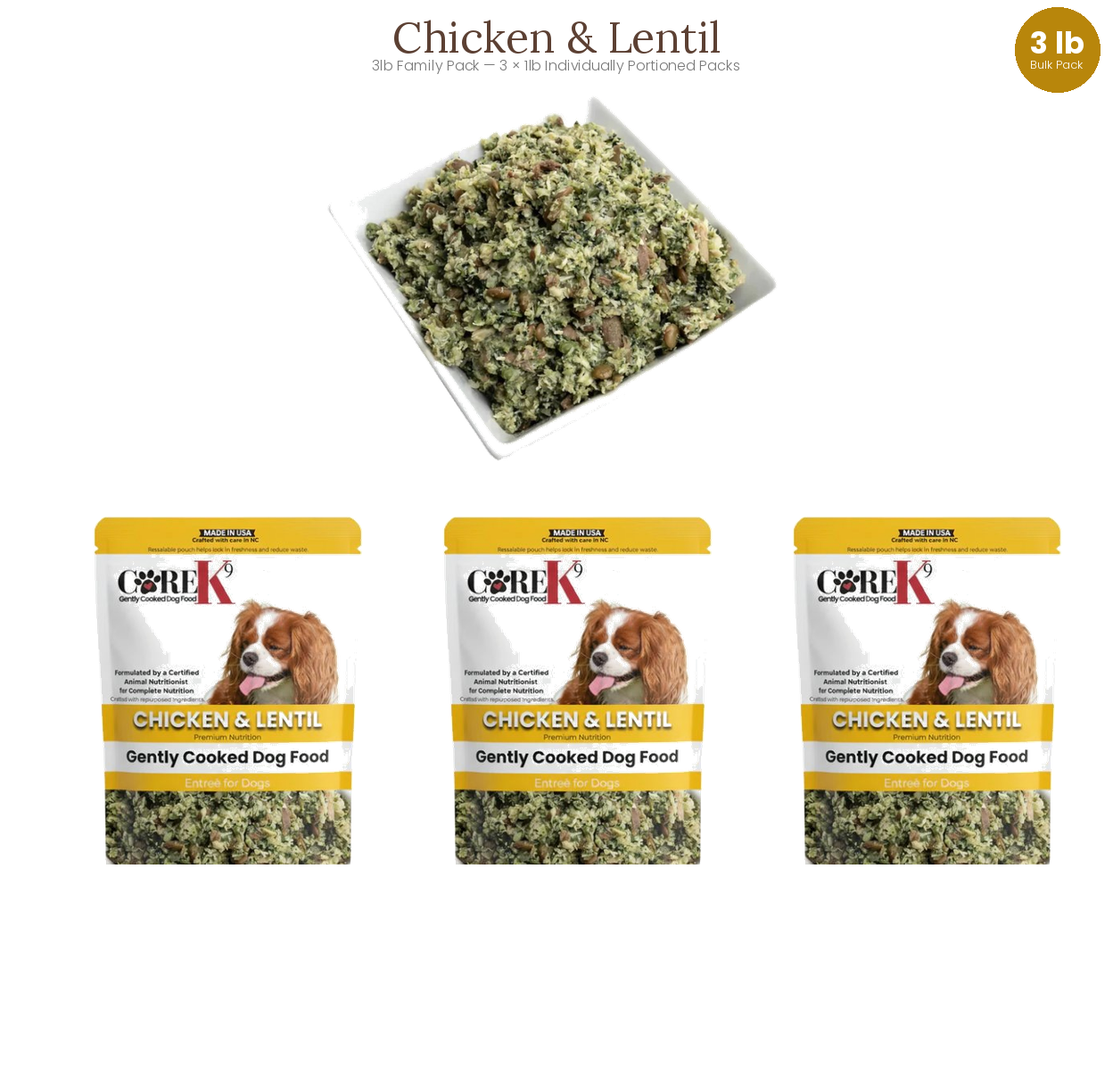 Plato principal de pollo y lentejas para perros