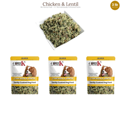 Plato principal de pollo y lentejas para perros