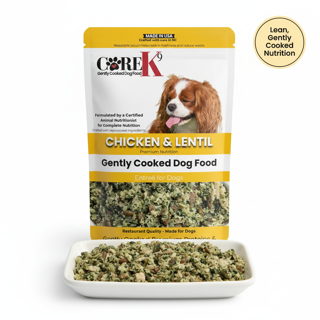 Plato principal de pollo y lentejas para perros