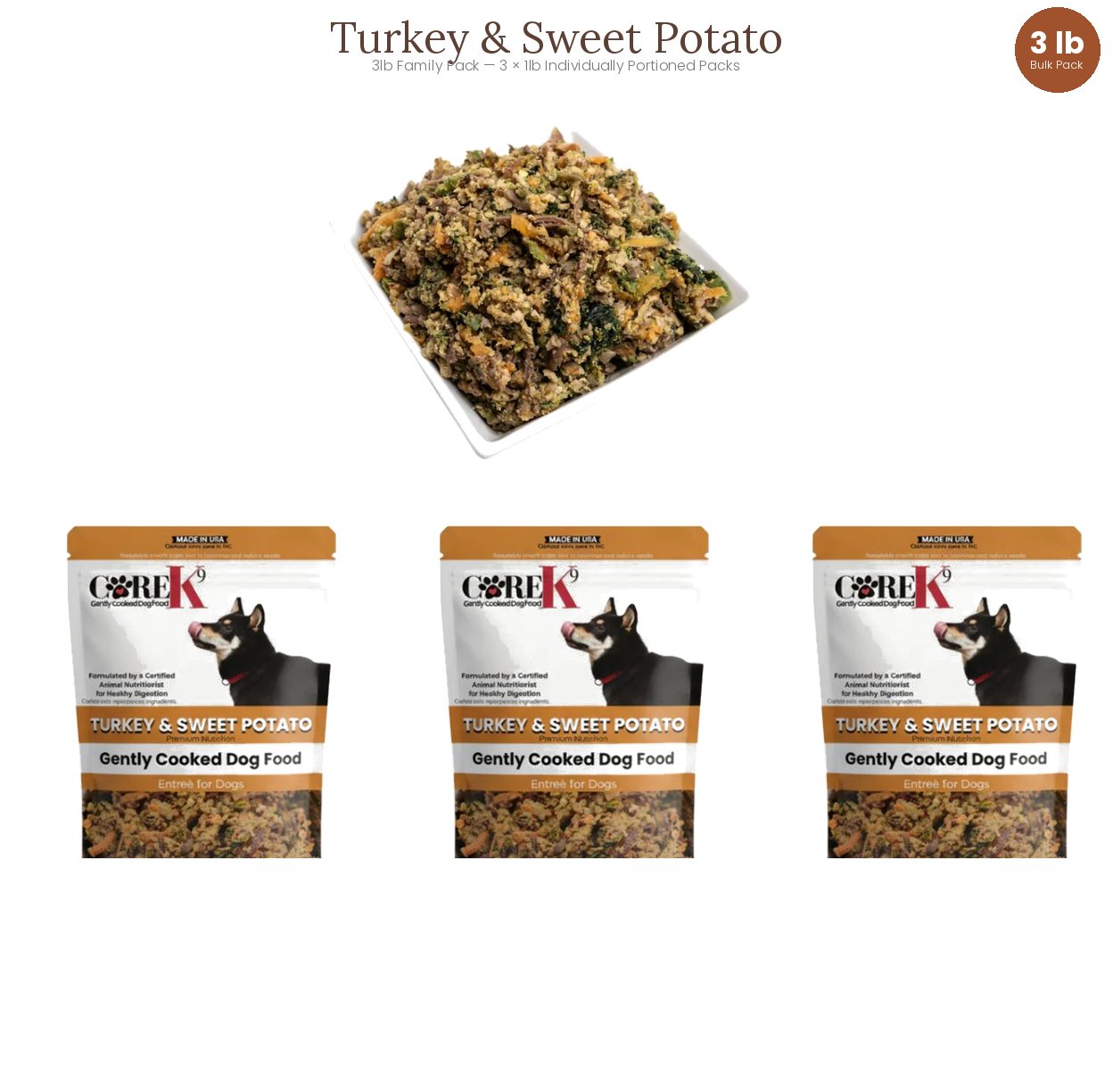 Plato principal de pavo y batata para perros